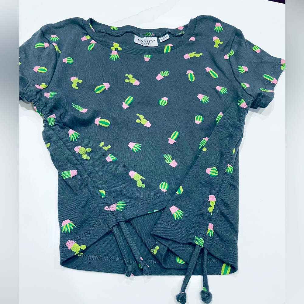 Mighty Fine Women's / Juniors Crop Top Pink/Gray Cactus Print Ruched XS NWOT